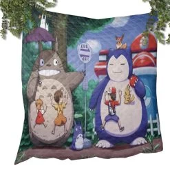 Totoro And Snorlax At The Bus Stop Quilt Blanket