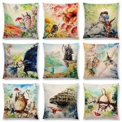 Studio Ghibli Watercolor Throw Pillow Cover